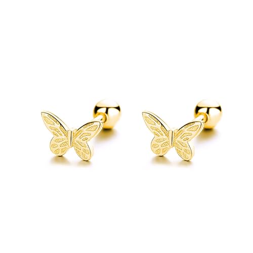 18K Gold Plated Sterling Silver Screw Back Small Trendy Dainty Cute Butterfly Stud Earrings for Women with Jewelry Rose Box