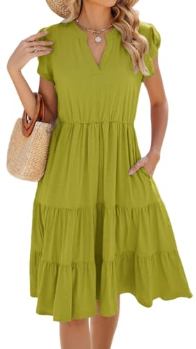 Image of Womens Summer Dress Ruffle Sleeve V Neck Midi Dresses Casual Fit Flowy Tiered Boho Beach Vacation Sundress