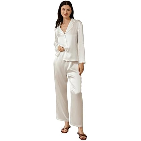 Mommesilk Silk Pajamas for Women Button up Long Sleeve Pants Ladies 100% Real Silk Sleepwear Night Lounge Wear White X-Small Cover