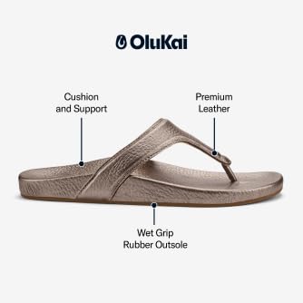 OLUKAI Kipe'a Lipi Women's Beach Sandal, Soft Leather Flip-Flop, All-Day Wear & Ultra-Soft Comfort Fit, Bubbly/Bubbly, 94