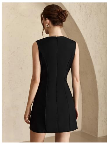 Women's Crew Neck Button Front Mini Dress Sleeveless Split Hem Work Business Casual Dresses2