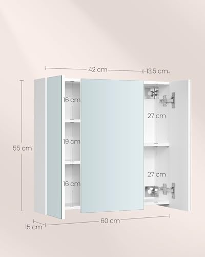 VASAGLE BBK22WT Bathroom Wall Cabinet with Mirror, 3 Door Storage Unit, 60 x 15 x 55 cm, with Adjustable Shelf, Modern, White BBK22WT