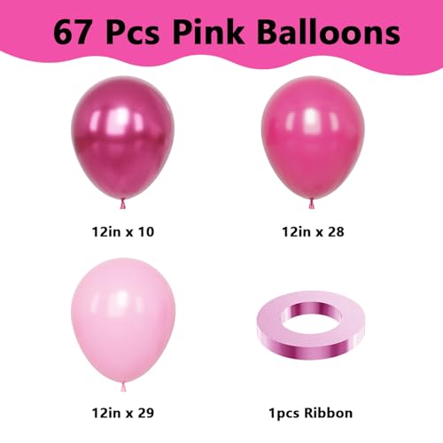 Image of YMSZ Pink Balloons, 67pcs 12 Inch Hot Pink Balloons Metallic Chrome for Birthday, Baby Shower, Wedding, Valentine's Day Party Decoration