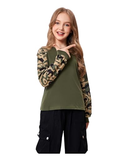 WDIRARA Girl's Camo Print Long Sleeve T Shirt Crew Neck Tee Casual Tops