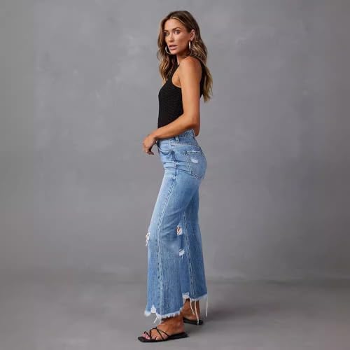 Women's New Wide Leg Pants with Tassel Washed Tie Dyed Ripped Hole High Waisted Jeans Straight Leg Casual Pants for Women4