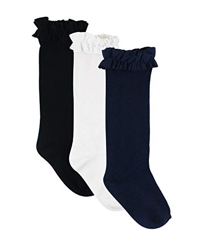 RuffleButts 3-Pack White, Navy, Black Knee High Socks - 4T-6