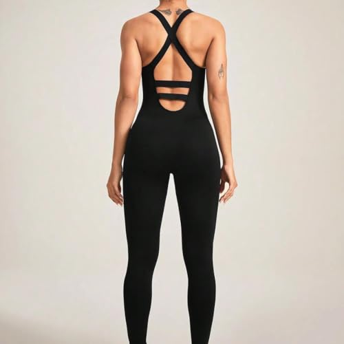 Image of Jumpsuit for Women Gym Workout Stylish Ankle Length | Body Fit One Piece Gym Outfit, Yoga Clothes Women, Sleeveless Bodysuit Style, Athleisure Travel Lounge Wear, Activewear