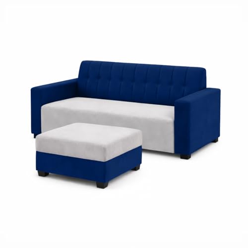 Image of FURNY Luxora 2 Seater Fabric Sofa Set with 1 Ottoman (Dark Blue-Light Grey) with Velvet Finish | Durable Comfort | Ideal for Living Room. | Breathable material