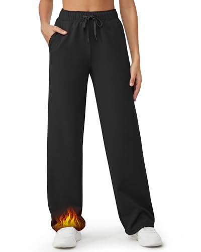 G4Free Wide Leg Sweatpants Women Fleece Lined Winter Thermal Pants Comfy Casual Workout Trousers Work Dress Wear (Black,M,33')