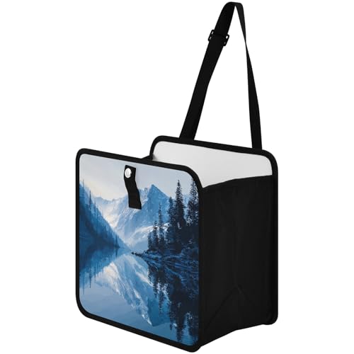 Image of Car Trash Can Organizer Bin with Adjustable Strap for Back Front Seat Console Waterproof Leakproof Collapsible Portable 11 Inch Winter Blue Mountain and Mirrored Lake