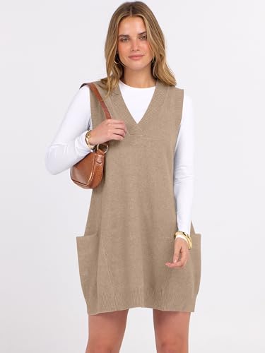 Caracilia Womens Sweater Vest Dress Wool Blend V Neck Sleeveless Loose Fit Casual 2025 Fall Short Tank Dresses with Pockets3