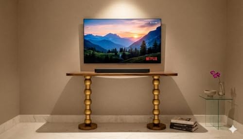 Image of Solid Sheesham Wood Console Table for Living Room | Entryway Hallway Sofa & Fish Tank Table | Designer Gold Finish Turned Legs | Luxury Wooden Accent Furniture | Light Brown Finish