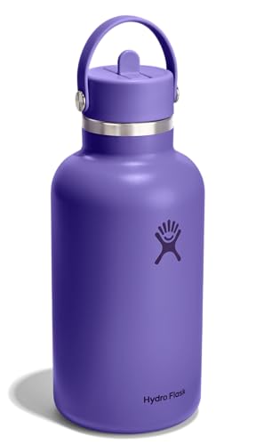 Image of Hydro Flask Water Bottle - Insulated Stainless Steel - Wide Mouth Flex Straw Lid, Non Spill, Leakproof and Refillable in 64 Oz Utopia Purple