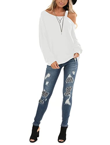 Image of Ezbelle Womens Sweaters Oversized Long Sleeve Cold Shoulder Tops Shirt Tunic Sweatshirt