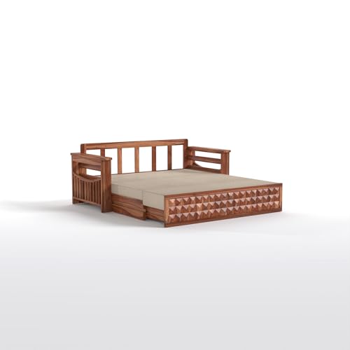Image of Mamta Furniture Solid Sheesham Wood Sofa Set 3 Seater Furniture Wooden 3 Seater Sofa Cums Bed for Home Living Room with Cushions (Honey with Cream, 3 Seater Design 2)