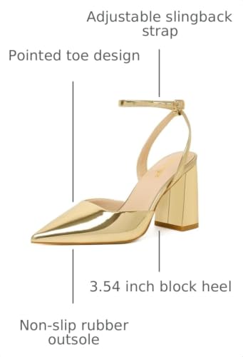 Image of RIBONGZ Block Heels for Women Closed Pointed Toe Heeled Slingback Chunky High Heel Ankle Strap Pumps Patent Leather Comfort Dressy Shoes for Work Party Prom Wedding Bridal Dress
