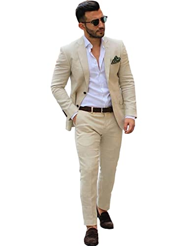 Men Linen Suit 2 Pieces Beige Notch Lapel Two Button Blazer Party Prom Casual Tuxedo Suit Jacket Pants - Main Image