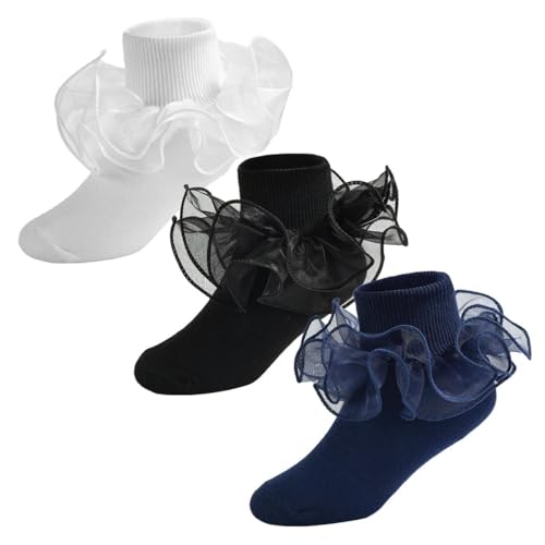 Baby Girls Cotton Double Lace Turn Cuff Socks with Big Ruffles for Infant Toddlers and Kids