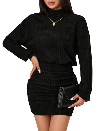 SweatyRocks Damen Pulloverkleid Langarmkleid mit Rollkragen Langarm Strickpullover Kleid Winterkleid Casual Pullikleid Freizeitkleid Schwarz L