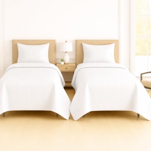 Image of DECOR2ADMIRE 300 Thread Count Premium Glace Cotton Plain Stripe Single Bedsheet with One Pillow Cover (60 inch x 90 inch) (White, Pack of 2)