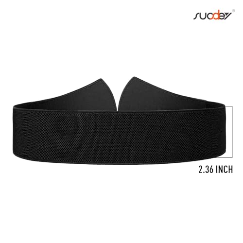 Image of SUOSDEY Women's Elastic Wide Waist Belt for Dress Retro Stretchy Leather Cinch Belt with Gold Buckle, 01-black, Fits Waist From 27 inch-31 inch