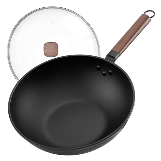 Jobin 33cm/13inch Wok in Carbon Steel di Alta Qualità con Coperchio in Vetro - Senza Rivestimenti Chimici per Cucina Asiatica, Compatibile con Piani Cottura a Induzione, Gas, Elettrici e in Ceramica