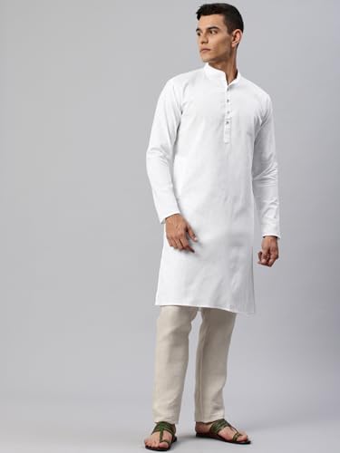 Image of Majestic Man Men's Cotton Regular Fit Casual Mandarin Collar Ethnic Motifs Solid Long Kurta