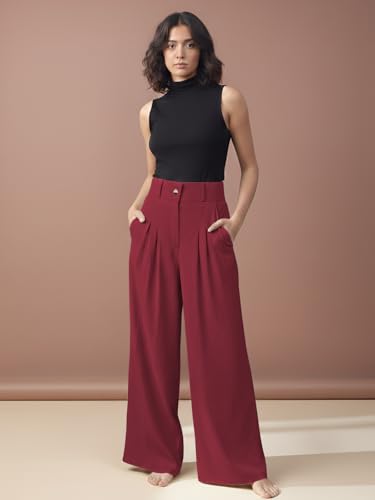 Image of GRECIILOOKS Trousers for Women High Waist | Wide Leg Trousers | Office Wear Pleated Korean Pants for Women's | Elegant Formal Pants