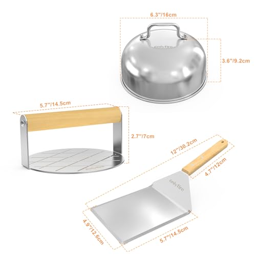 Onlyfire BBQ Griddle Accessories Kit, 2 x 16cm Burger Cover Cheese Melting Dome, Round Burger Smasher and Large Spatula Turner, Professional Grill Accessories Tools for Flat Top Griddle, Teppanyaki
