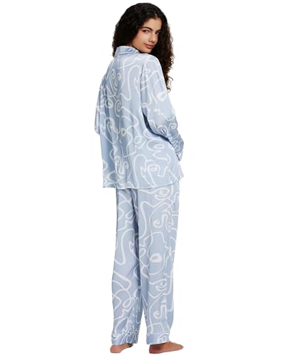Image of YiNi LuLu Womens Silk Satin Pajamas Set Button Down 2 Piece Pjs Long Sleeve Oversized Sleepwear with Pockets