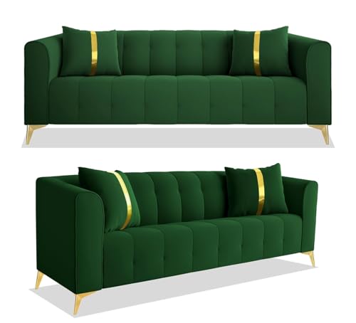 Image of Shie Wood Art Modern Classic Chesterfield Sofa for Living Room Bedroom Reception and Office (3+1+1 Seater, Green)