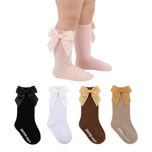 Image of Dioxay Baby Girl Non Slip Knee High Socks Cotton Ruffle Bow Infant Toddler Long Stockings Infant Knee High Socks Baby