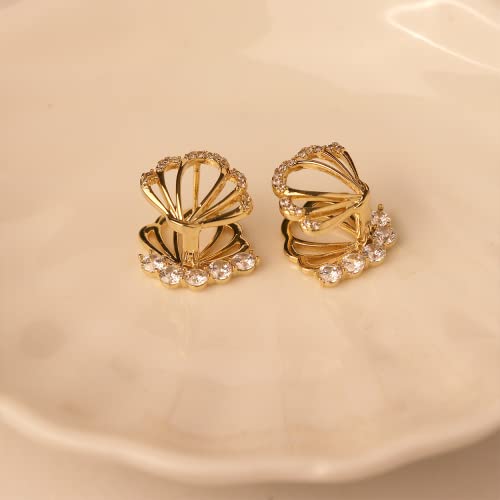 Sonateomber Gold Shell Small Huggie Front Back Earrings For Women Teen Girls - Sparkly Rhinestone Cute Pierced Clip Hinged Stackable Scallop, Unique Seashell Hypoallergenic Cartilage Summer Ocean Beach Holiday Jewelry Gift #TOP6