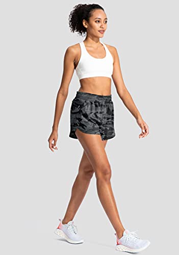 Soothfeel Womens Running Shorts with Zipper Pockets High Waisted Athletic Gym Workout Shorts for Women with Liner Grey Camo - Thumbnail 5