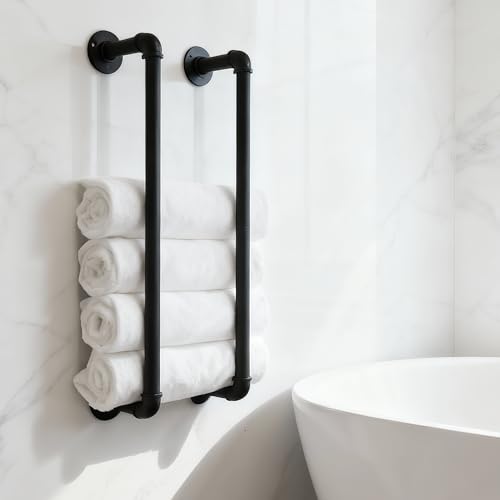Towel Racks for Bathroom Wall Mounted,24 Inch Industrial Pipe Towel Rack Storage Organizer Hanging Towel Holder(Black) - Thumbnail 2