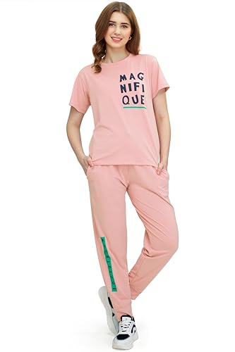 Image of ZEYO Women's Cotton Typography Printed Night Suit Pajama Set of Top & Joggers