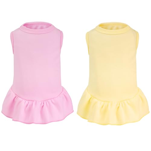 2 Pcs Dog Dresses Cat Skirt Solid Color Dog Clothes Summer Sleeveless Puppy Girl Clothes for Small Pet Dogs Cats (Yellow,Pink, Small)
