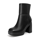 Athlefit Women's Platform Ankle Boots High Chunky Block Heel Black Boots Fashion Square Toe Zipper Heeled Booties Size 8