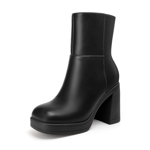 Athlefit Women's Platform Ankle Boots High Chunky Block Heel Black Boots Fashion Square Toe Zipper Heeled Booties Size 7
