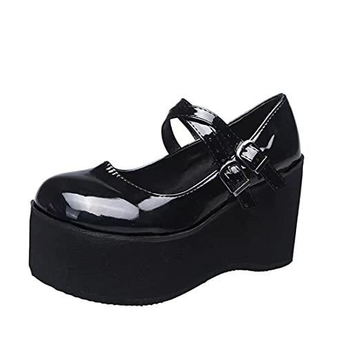 Image of Ulalaza Women Mary Jane Dress Pumps Lolita Shoes Cute Platform Gothic Double Ankle Strap Round Toe Chunky Heel Uniform Pumps Shoes Perfect for School Party Business Work Dance Date Night Club