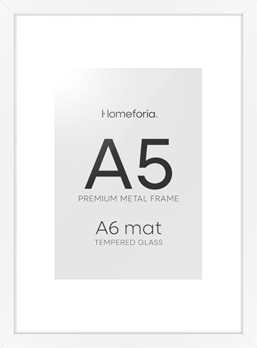 Image of Homeforia A5 White Picture Frame, High-End Metal, A6 Mat, Glass | High End Aluminum, Tempered Glass, Acid-Free A6 Removable Mat, A5 Edge-to-Edge Display, Wall Kit, Set Of 2