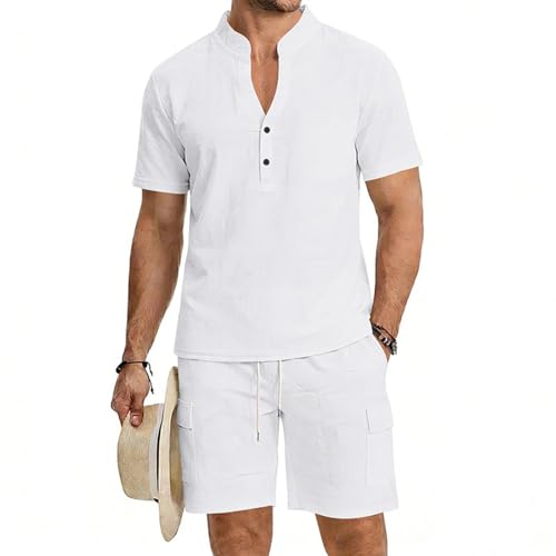 Men's Linen Henley Shirt Set – Short Sleeve Shirt & Cargo Shorts Casual Loose Fit Breathable 2Piece Tracksuit Medium
