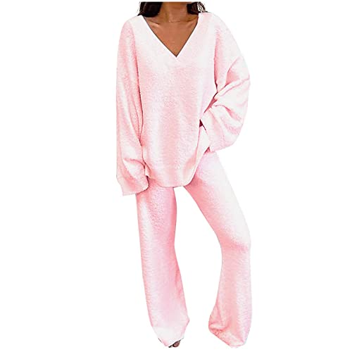 Conjunto de ropa de relajación para mujer, ropa de ocio cómoda, traje de dos piezas, conjunto de chándal de forro polar con cuello en V y pantalones anchos, talla grande, talla grande, Rosa A2, XL