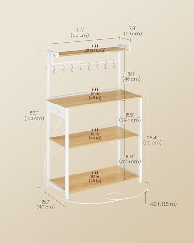 Image of VASAGLE BARNET Collection - Kitchen Bakers Rack with Power Outlet, 31.5-Inch Wide Coffee Bar 4-Tier with 8 S Hooks, Modern Microwave Stand, Adjustable Shelf, Golden Oak and Cloud White UKKS029YA01