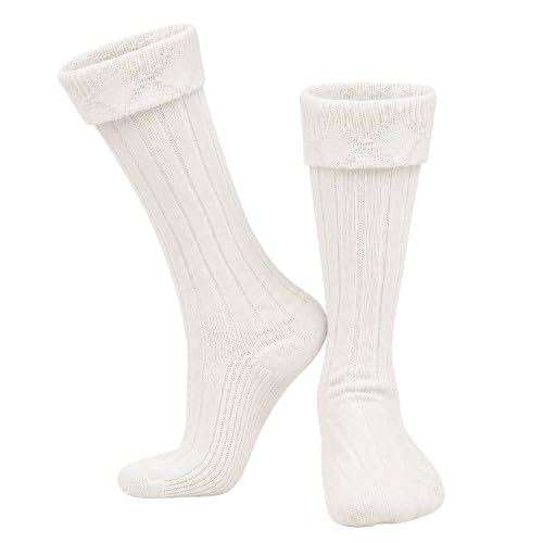 Highland Scottish Wool Blend Kilt Hose for Men Ribbed Socks for UK Shoe Sizes (UK Alpha M Regular Regular White)