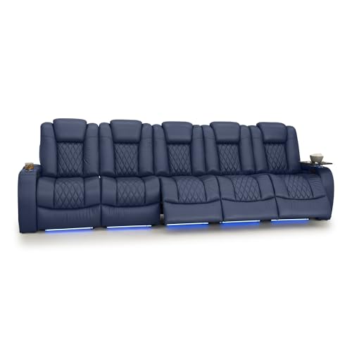 Image of Seatcraft Diamante Navy Blue Italian Leather Home Theater Seating, Zero Gravity Power Recliner, Gaming and Home Office Chair, Powered Headrest Furniture for Family Cinema Room, Row of 5 Sofa
