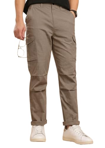 Image of Vogaan Men Cotton Linen Blend Cargo Pants | Mid Rise Regular Fit Casual Trousers | Multi Pocket Utility Bottom Wear | Comfortable Breathable Fabric Travel Outdoor Styling