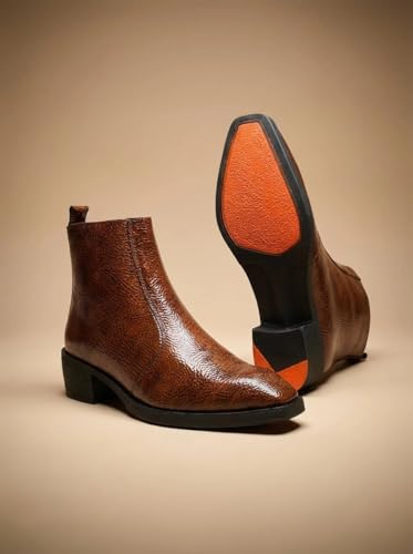 Image of Big Fox Men's Tan Textured Cuban Boots | Premium Ankle-Length Fashion Boots | Stylish, Durable & Comfortable