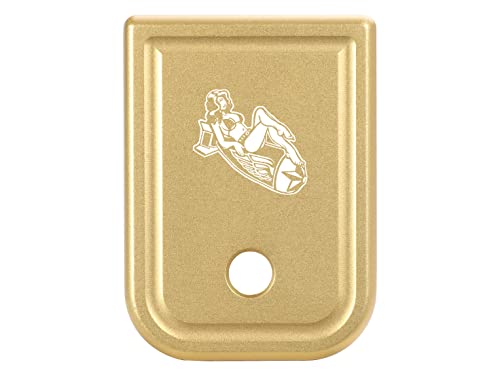 NDZ Performance Magazine Base Plate for Glock 17 19 19X 22 23 24 26 27 31 32 33 34 35 37 38 39 45 Gen 1-4 9MM .40 S&W Laser Engraved Anodized Aluminum in TrueGold - Bomb Pinup Girl 1