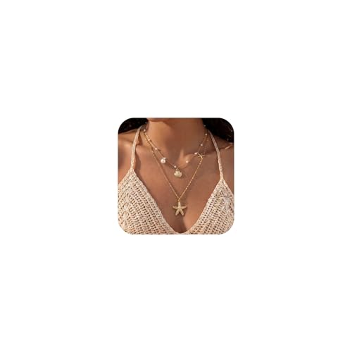 Shell Starfish Necklace for Women, Gold Plated Boho Layered Pendant Necklace with Pearl Conch Charm, Dainty Coastal Summer Beach Vacation Jewelry Gifts(Shell&Starfish)
